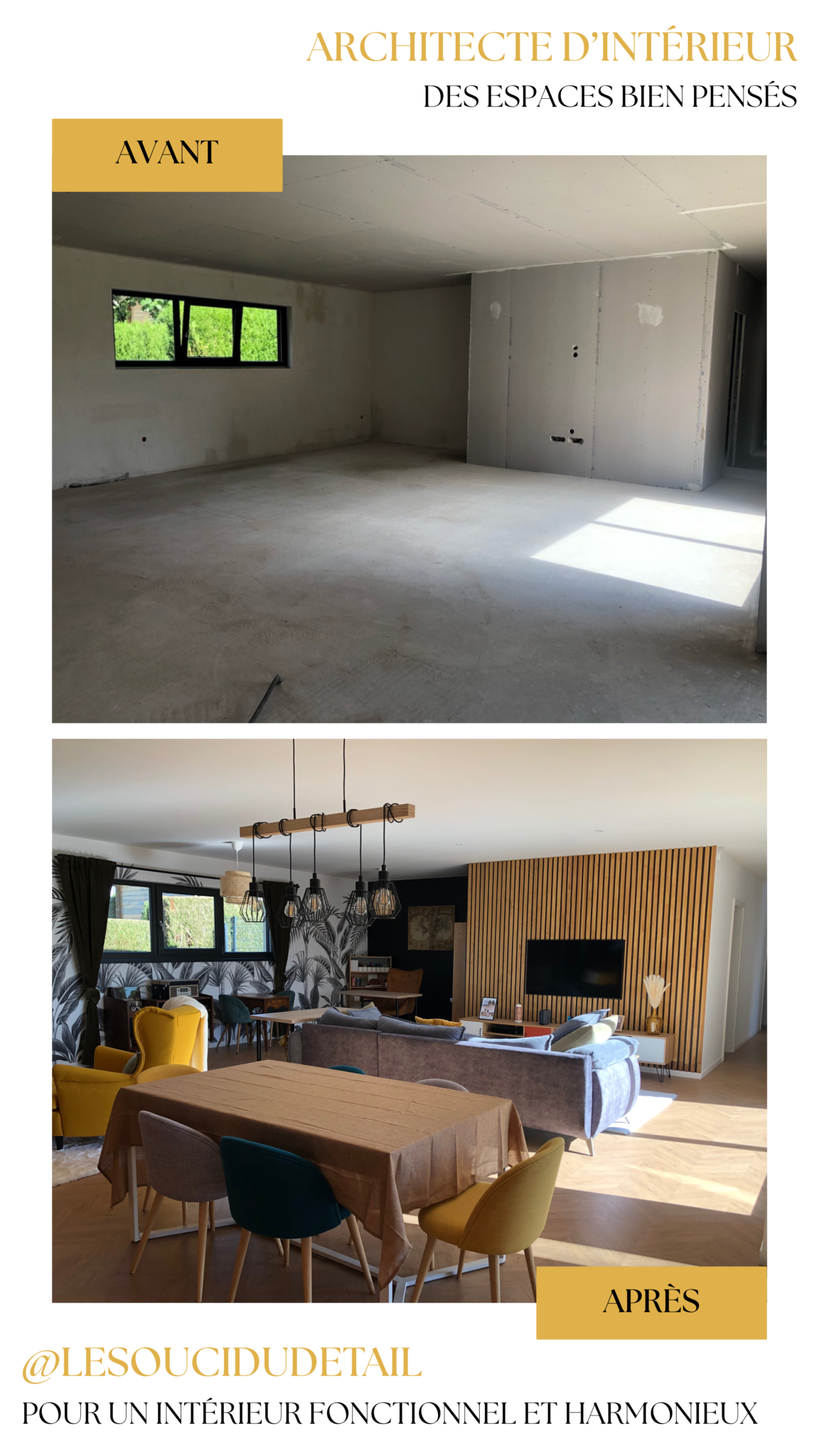 Comparatif avant et après d'un projet d'architecture d'intérieur montrant la transformation d'une pièce de vie en espace contemporain, chaleureux et fonctionnel.