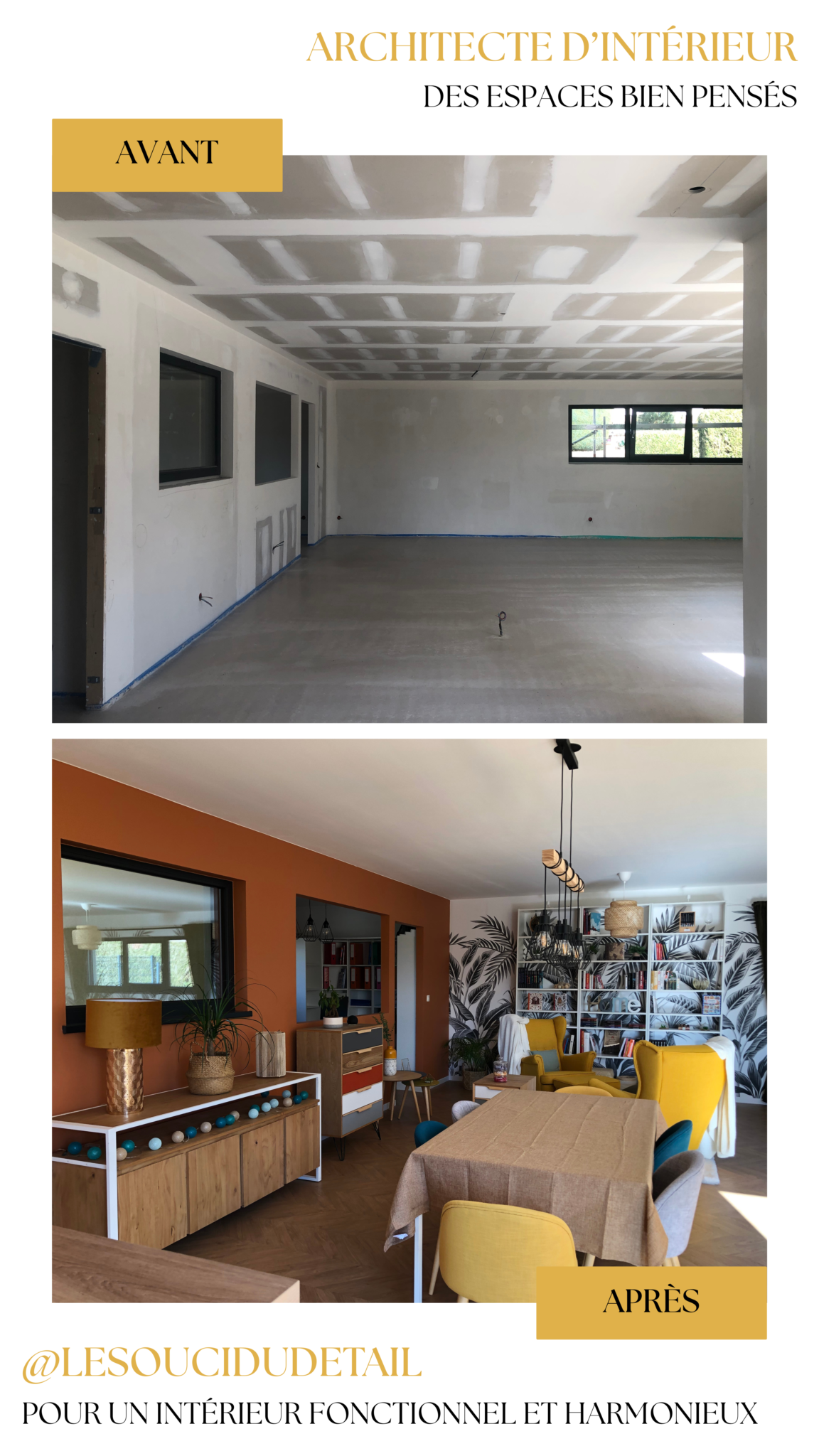 Pièce de vie contemporaine après aménagement avec parquet en chevrons, mur terracotta, mobilier en bois, bibliothèque sur mesure et décoration chaleureuse.