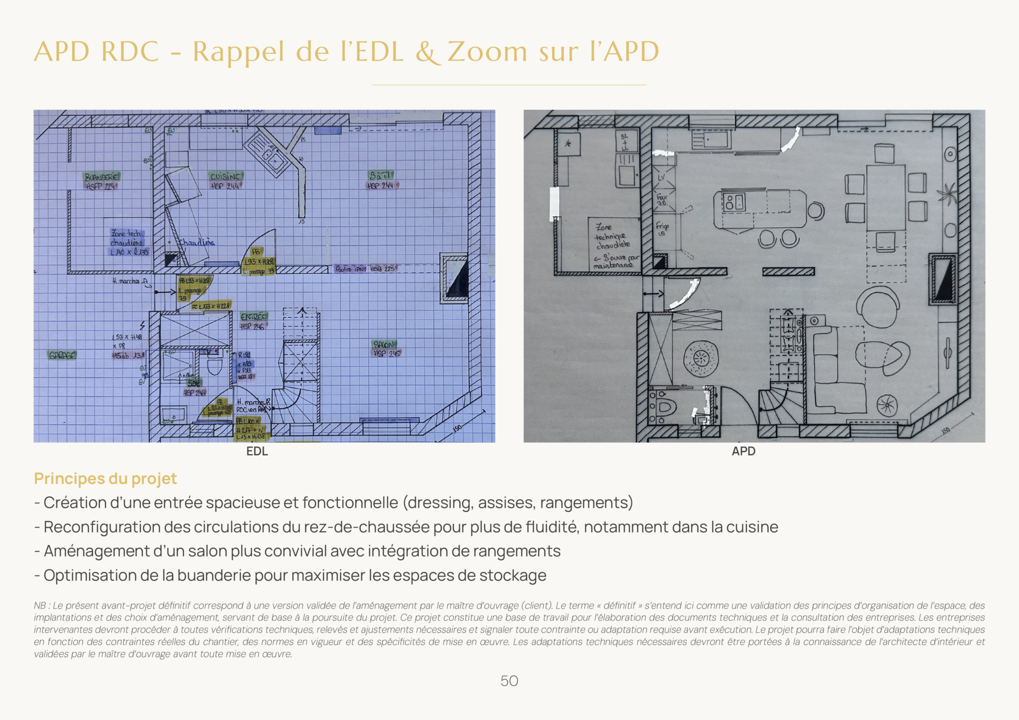 Plan d'avant-projet définitif présentant la réorganisation d'un rez-de-chaussée pour optimiser les circulations et les espaces de vie