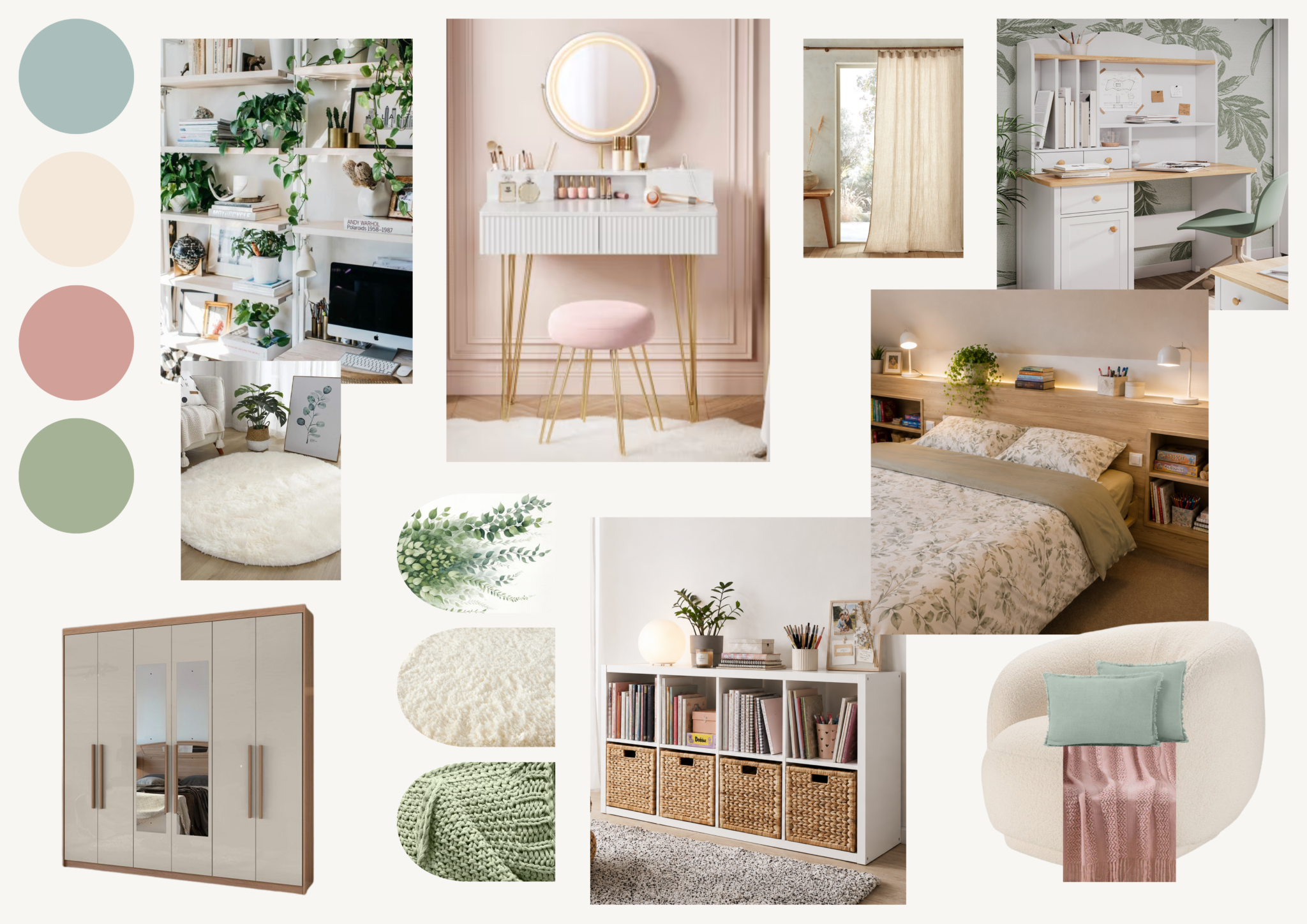 Planche d'ambiance présentant les couleurs, matériaux, mobilier et inspirations d'une chambre d'adolescente dans un esprit naturel et apaisant