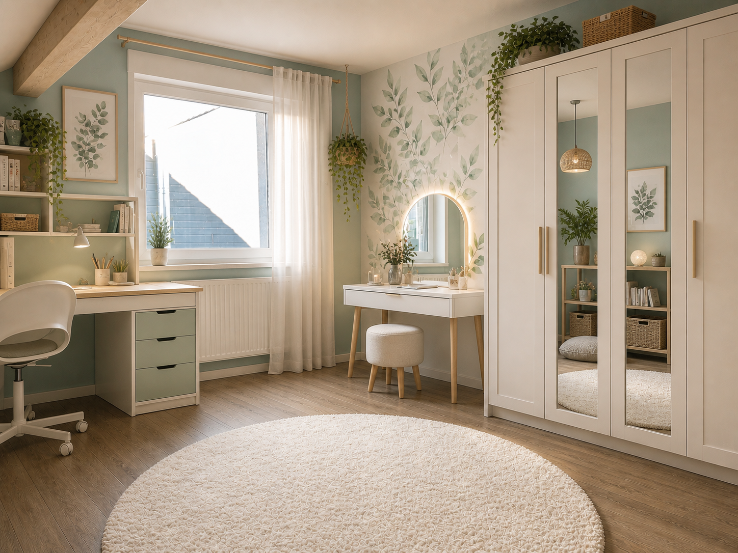 Vue 3D d'une chambre d'adolescente avec bureau, dressing et coiffeuse dans une ambiance végétale et lumineuse