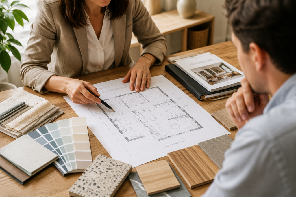 Architecte d'intérieur présentant un projet d'aménagement à des clients