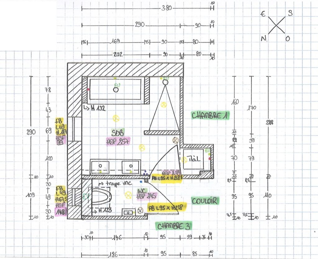 Plan technique d’architecture d’intérieur d’une salle de bain avec baignoire, douche, double vasque et WC indépendant